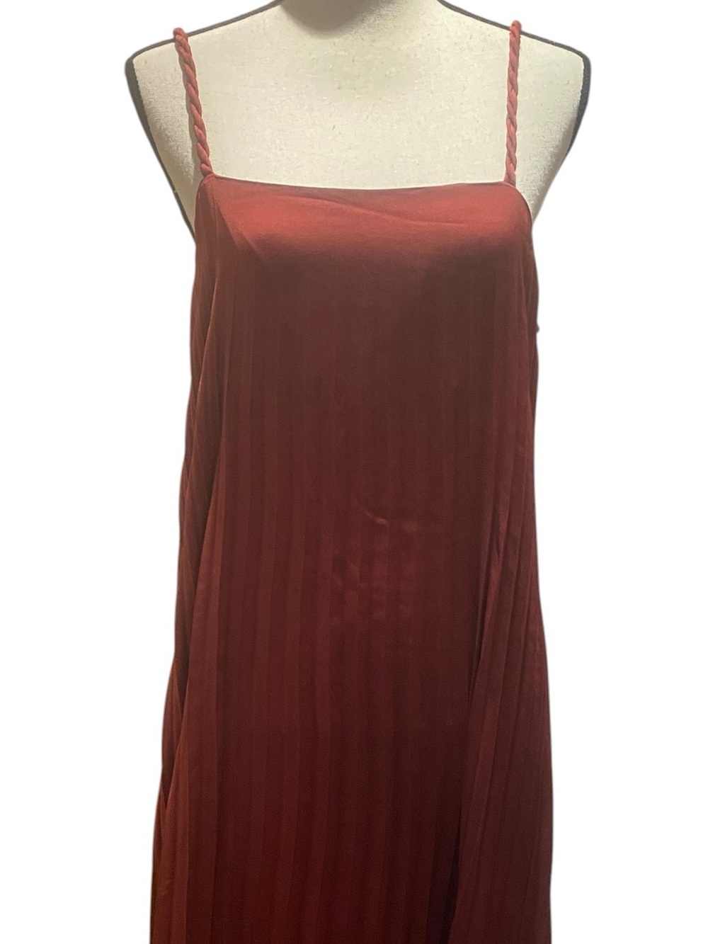 Melloday Women’s Rust Red Slip Dress Teisted Straps Flowing Pleated Maxi new L